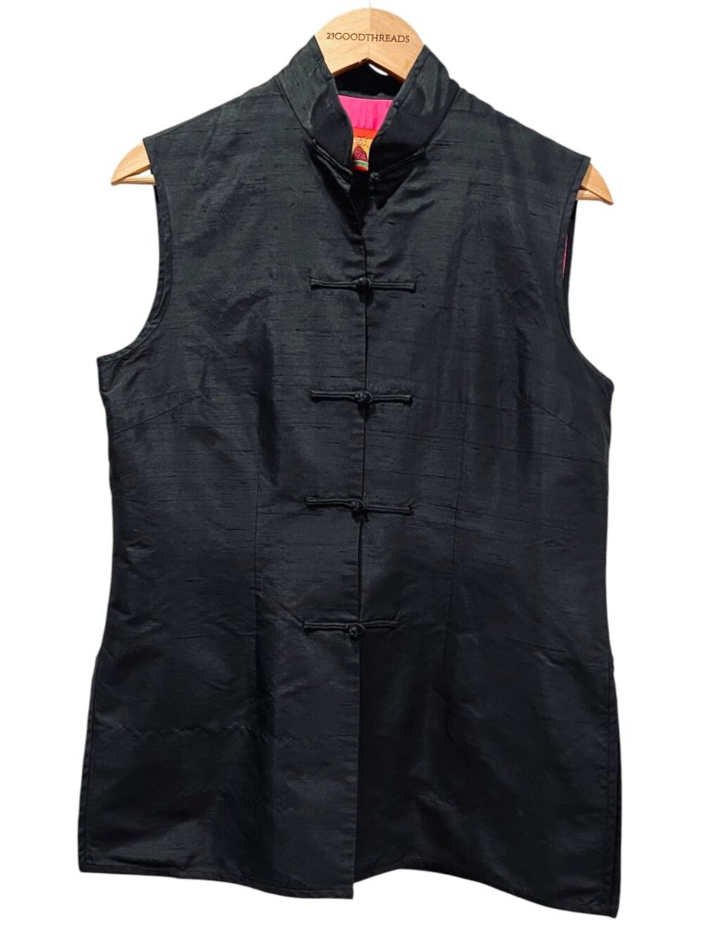 Shanghai Tang Raw Silk Imperial Tang Vest, Black Pink, 12
